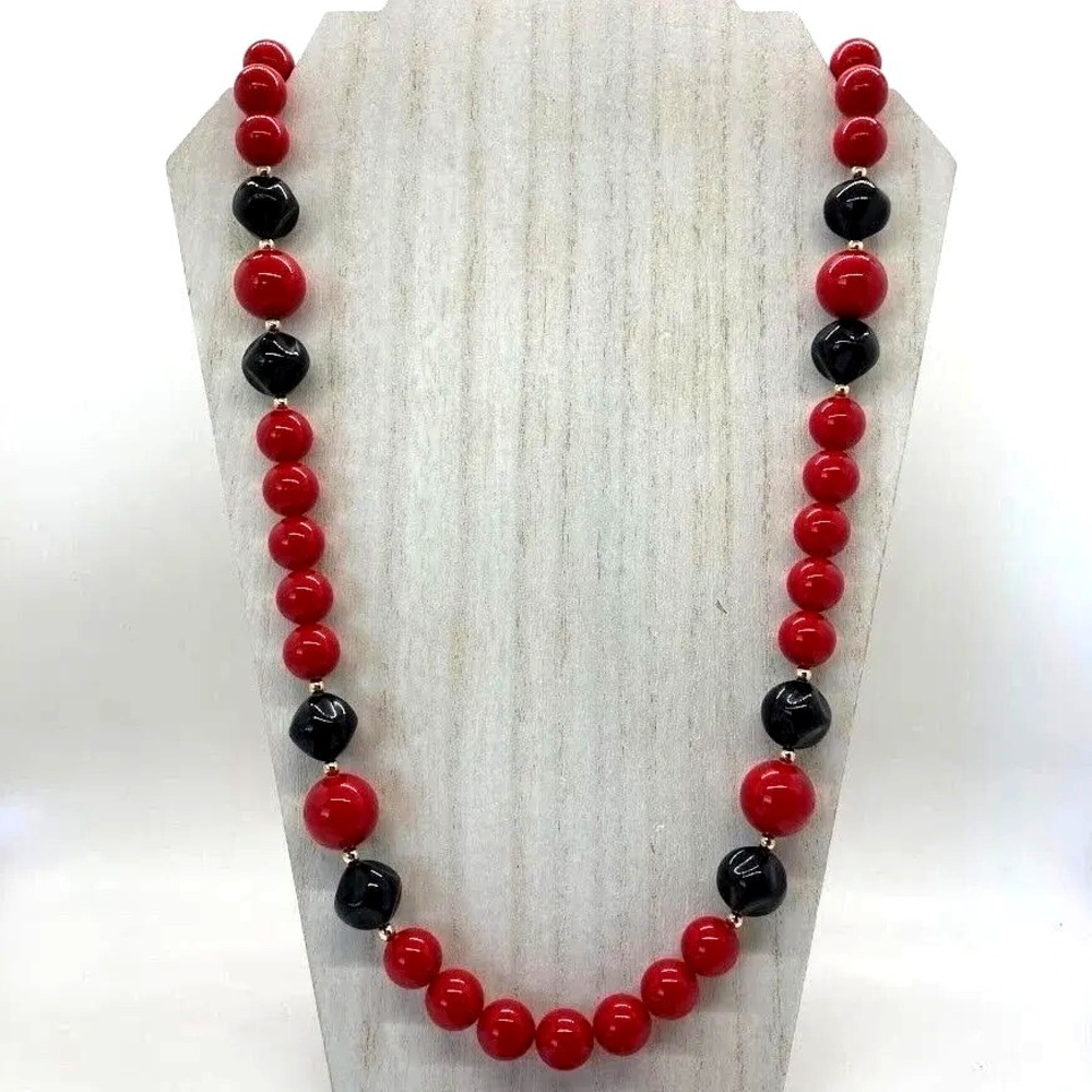 Vintage Red Black Beaded Necklace Gold Tone Spacer Round Beads Statement Costume